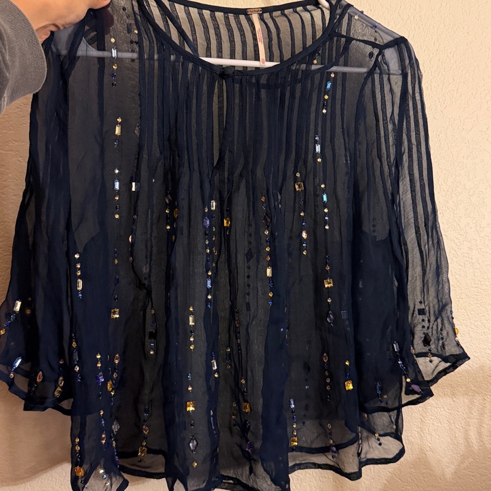 Free People Sheer Jeweled XS Blouse Top